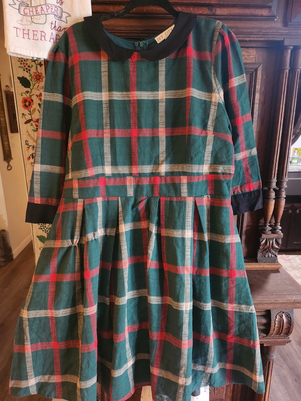 1950s Style Green Plaid Dress with Peter Pan Collar